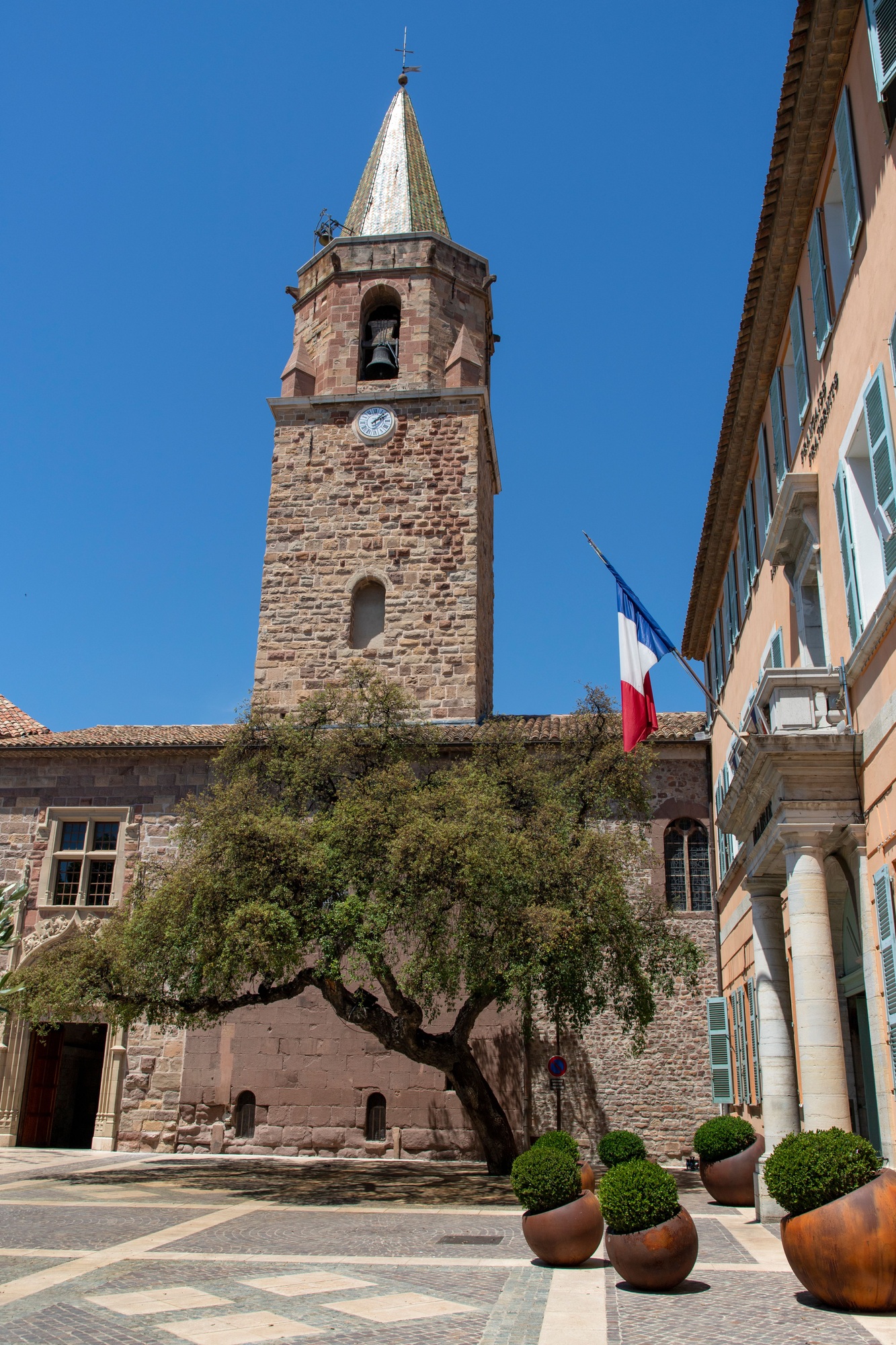 City hall and Frejus Cathedral church in Frejus, France, vertical shot